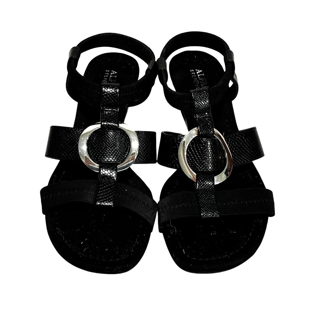 Alfani black wedge heel sandals stretch uppers silvertone ring details US 8M